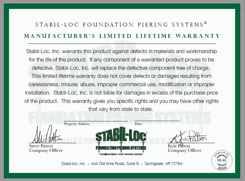 Stabil-Loc Manufacturer's Warranty